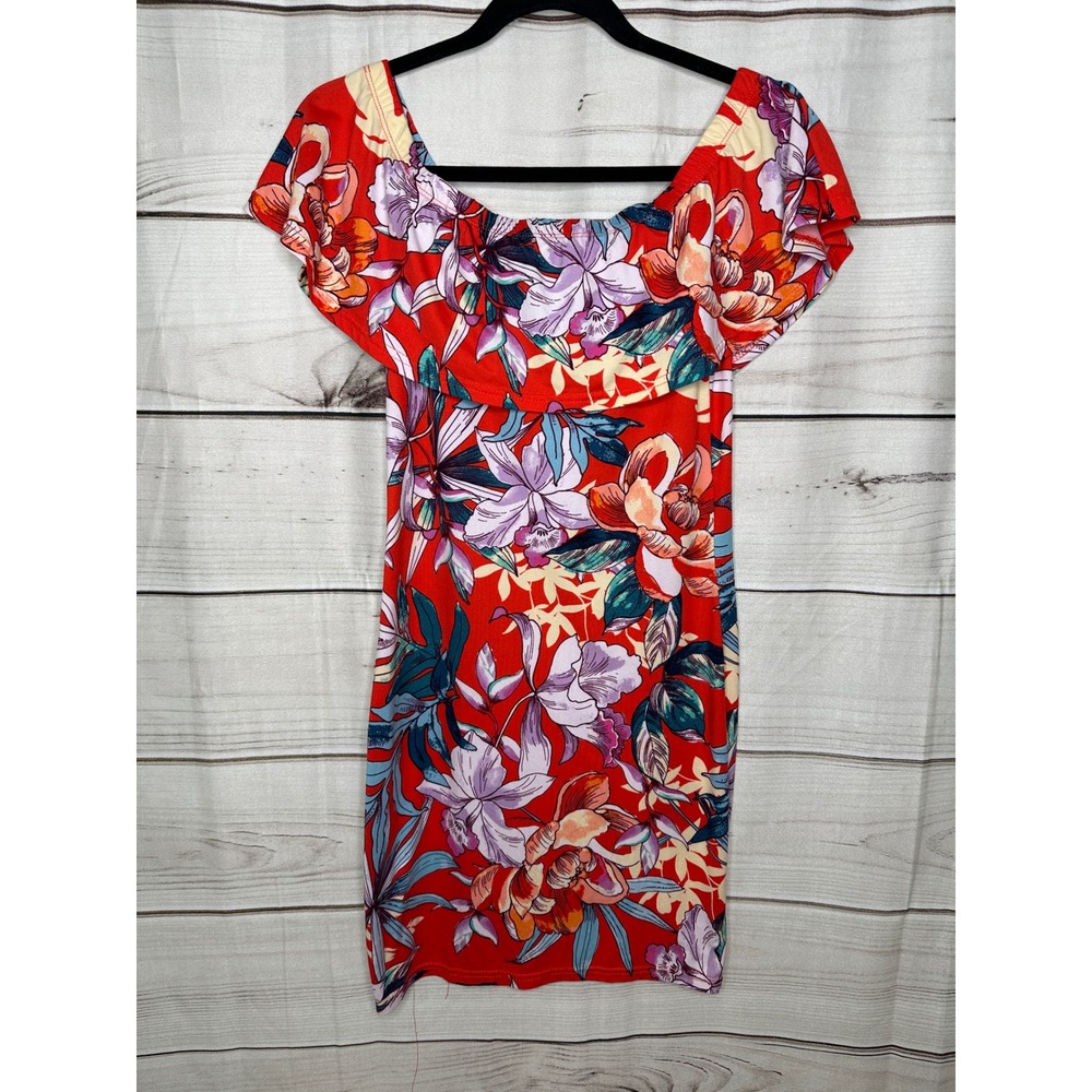 Charlotte Russe Dress Women Medium Red Floral Off Shoulder Bodycon Tropical